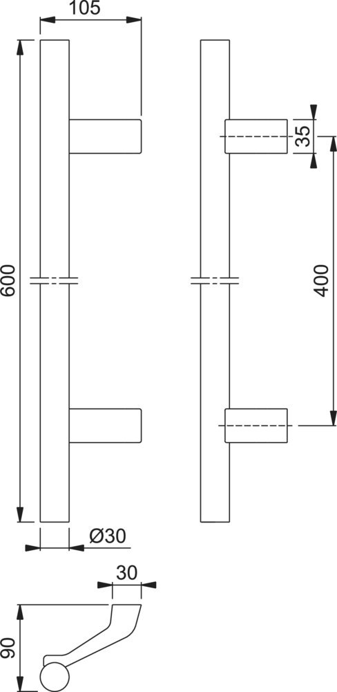 HOPPE Stoßgriff E5014,Befestigungsabstand 400,Länge 600,Durchmesser 30,F69/F1