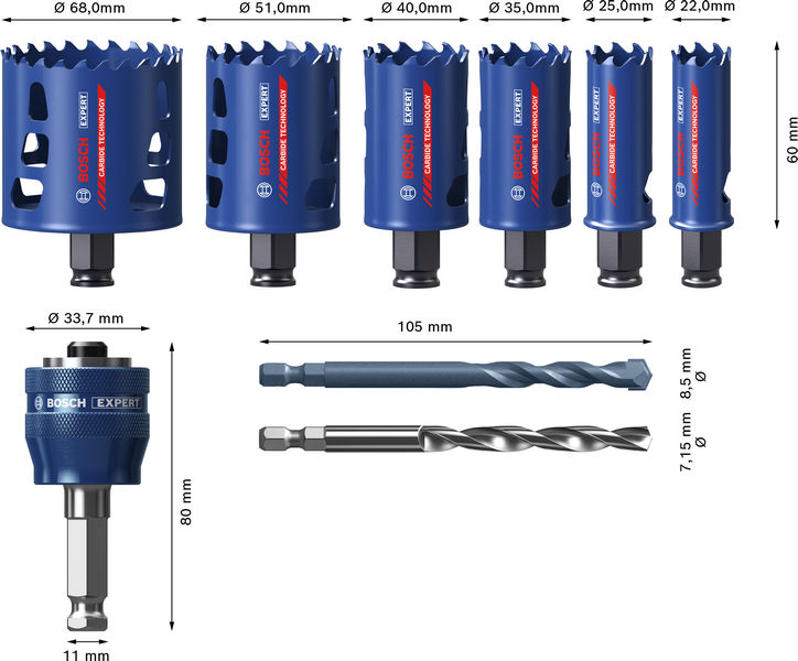 Bild der Produktabmessungen, Bohrer, Bohrer-Set, Schaftbohrer, Kraftwerkzeuge, Bosch-Expert