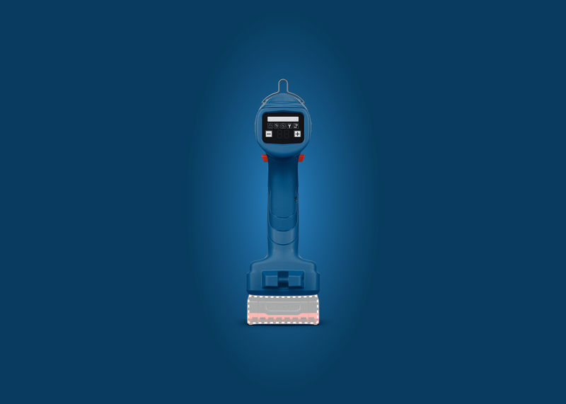 Anwendungsbild, Schleifgerät, Tragbarer Schleifer, Schleifteller, Akku, Gehäuse blau